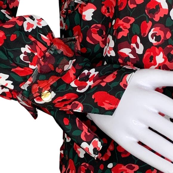 Lauren Ralph Lauren Ruffle Top Roses Print Button Down Long Sleeve Size Petite M - Picture 8 of 12